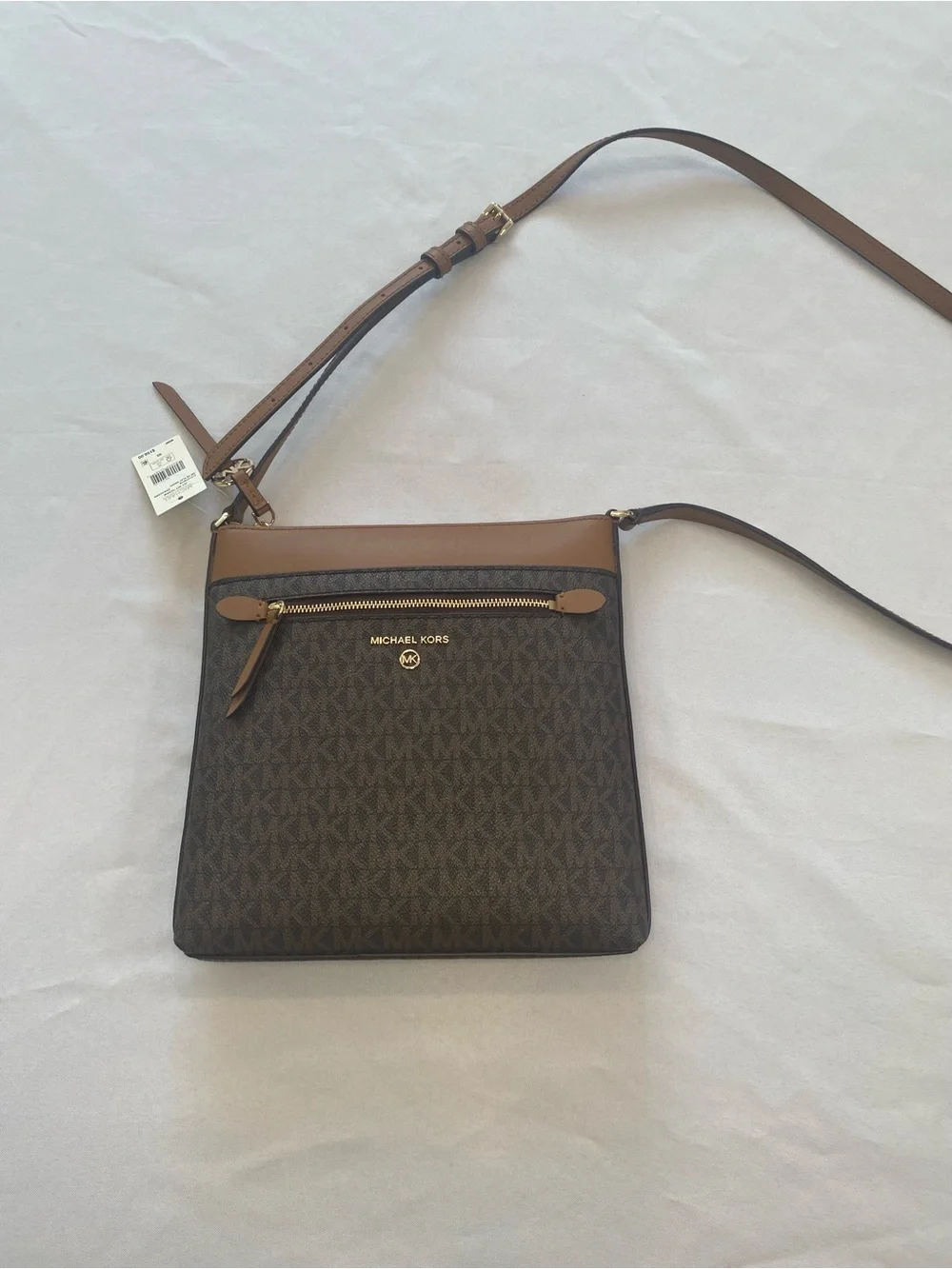 Michael Kors Brown Monogram Crossbody with Tan Trim and Gold Hardware